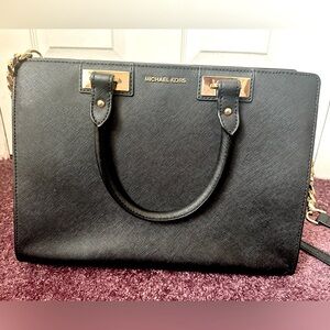 Michael Kors Quinn Saffiano Leather Satchel/Crossbody; Black w/ gold accents